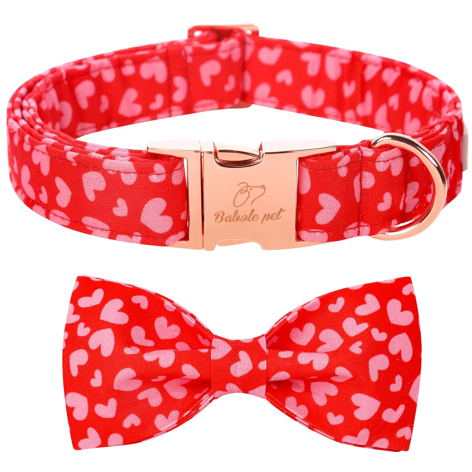 Babole Non-Customized Valentine's Adjustable Dog Collar - Pink & Red Heart Print, Detachable Bow Tie, Soft Cotton Fabric, Chew & Stain Resistant, Safety Metal Buckle, Multi-Size for Small/Medium/Large Dogs, Hand Wash Only, Collars, Chew Resistant backtosc