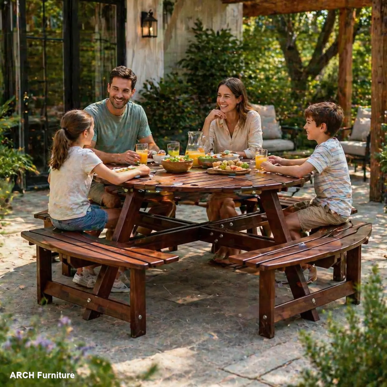 Brown 8-Person Round Outdoor Picnic Table Set with 4 Built-in Benches & Umbrella Hole, Outdoor Furniture Set, Patio Furniture for Garden, Backyard, Patio Furniture Set