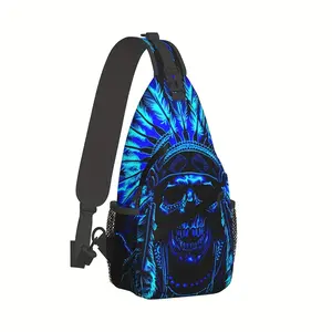[Made in US] Blue Skull Crossbody Chest Bag Hiking Indian Western Tribal Design Large Capacity Durable Polyester Shoulder Bag for Shopping Work Leisure Travel Beach Fishing