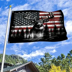 American Hunting Deer Flag with White-Tail Antlers - Available in 3x5 FT & 4x6 FT. Made of durable polyester for indoor & outdoor use, with 2 grommets for easy hanging.