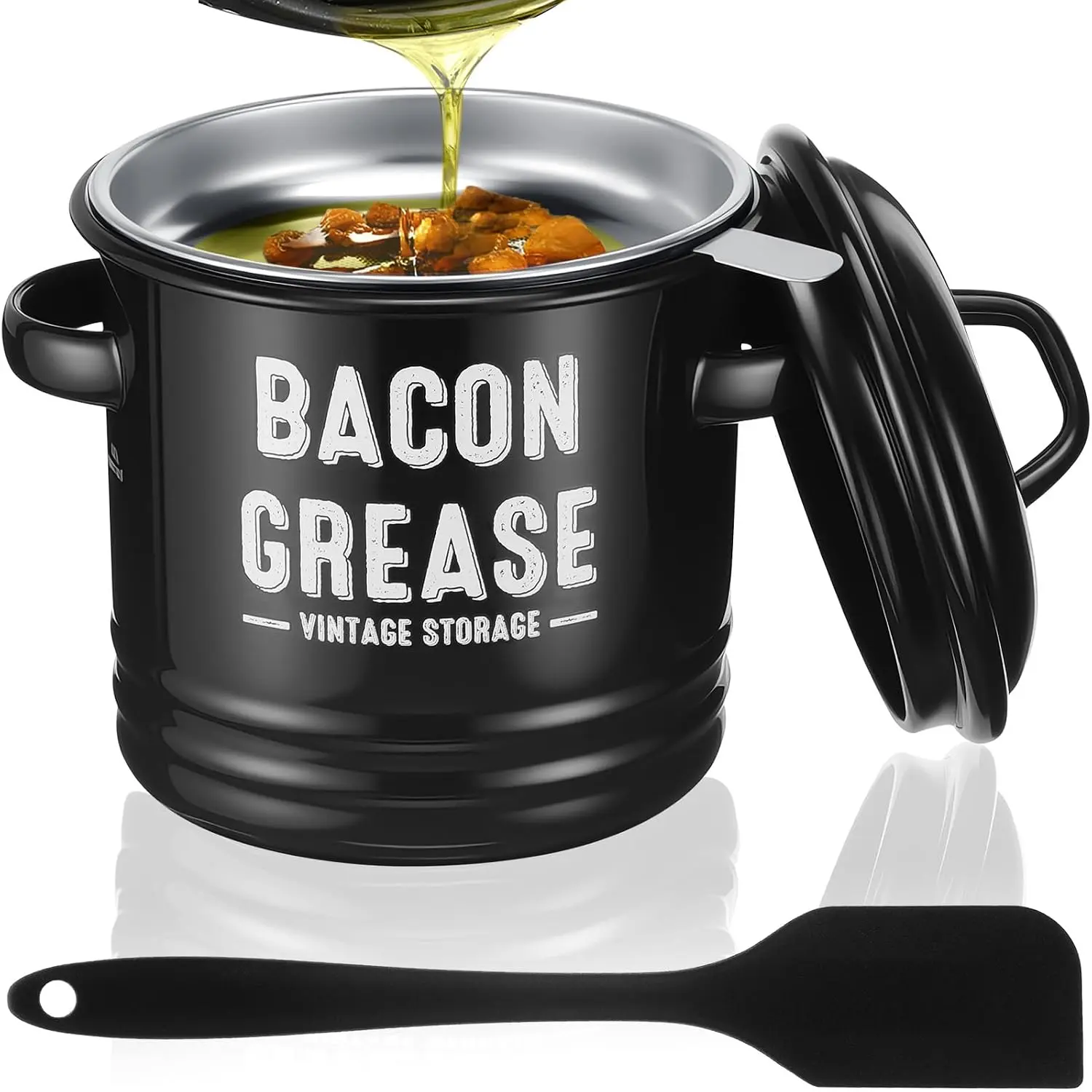 LUITON Sturdy Large Volume Rustic 1.2L/41oz Heat Resistant Stainless Steel Bacon Grease Saver with Strainer, Lid, Reusable Silicone Spatula, Farmhouse Enamel Oil Container, Dishwasher Safe Kitchen Utensil for Cooking, Housewarming (Black), Holiday, 4.72×3