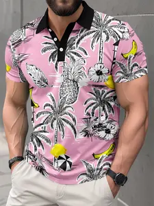 Men's Summer Tropical Pineapple Banana Palm Tree Print Polo Shirt, Casual Short Sleeve Golf Shirt, Breathable Lightweight Hawaiian Beachwear
