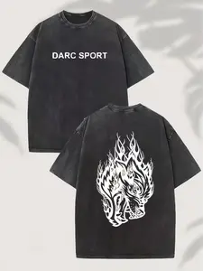 Darc Sport Wolf Graphic Vintage Washed T Shirt Mens Casual Streetwear Oversized Cotton Tee Black Short Sleeve Crew Neck Top Trendy Urban Hip Hop Style Loose Fit Everyday Fashion Apparel         ？ ？