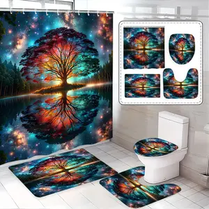 Forest and Starry Sky Shower Curtain Set, Bathroom Healing Aesthetic, Home Bath Decor, Includes Mat, Toilet Cover, U-Shaped Pad, Shower Essentials, Bathroom Decoration Accessories