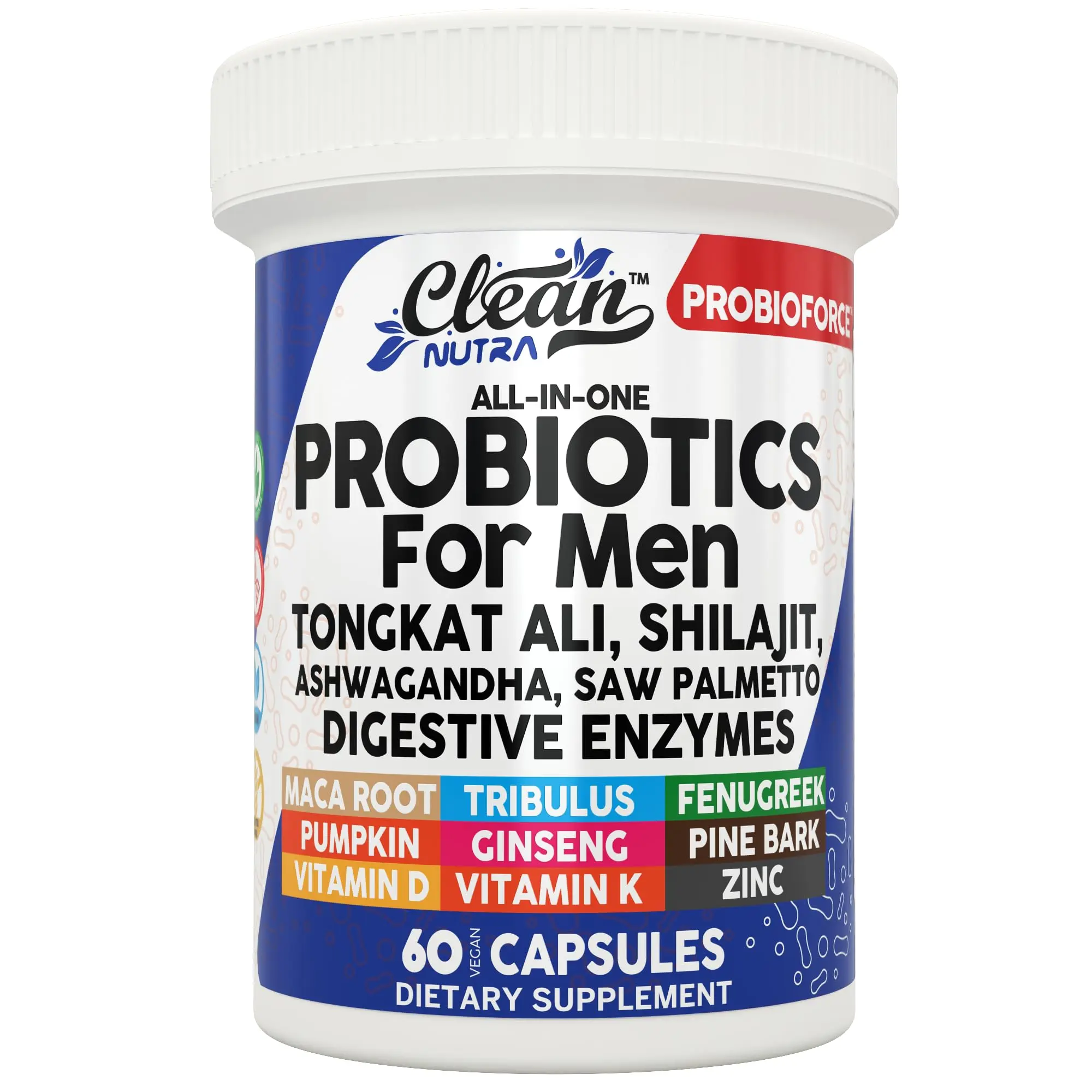 Clean Nutra Tongkat Ali + Ashwagandha Supplement Probiotics for Men - ProbioForce Vitality Boost