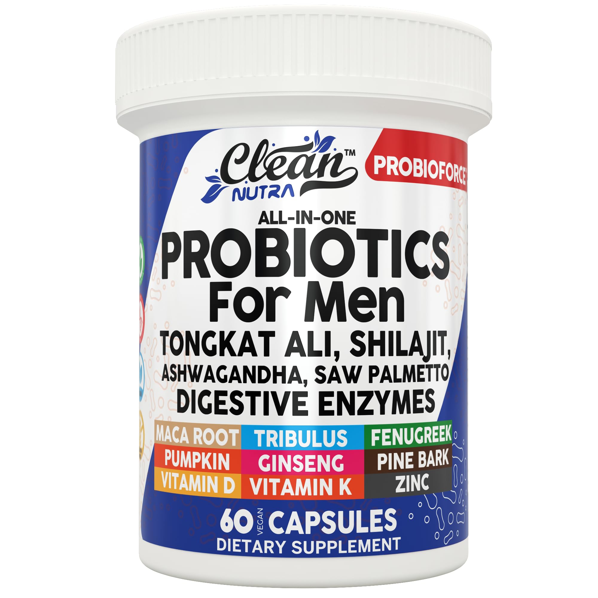 Clean Nutra Tongkat Ali + Ashwagandha Supplement Probiotics for Men - ProbioForce Vitality Boost