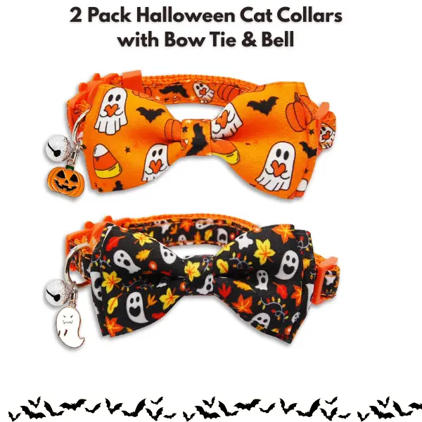 2 Pack Halloween Cat Collars with Bow Tie & Bell, Breakaway Adjustable Kitten Collar Set, Ghost & Pumpkin Pet Collars for Boy & Girl Cats, Cute Halloween Cat Costume Accessories