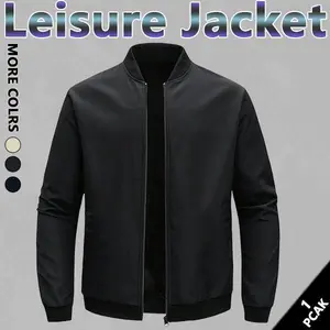 Men's solid color zipper jacket, lightweight and easy to carry, regular style casual long-sleeved polyester jacket top, beige black solid color zipper jacket fabric is comfortable and suitable for daily wear in autumn and winter