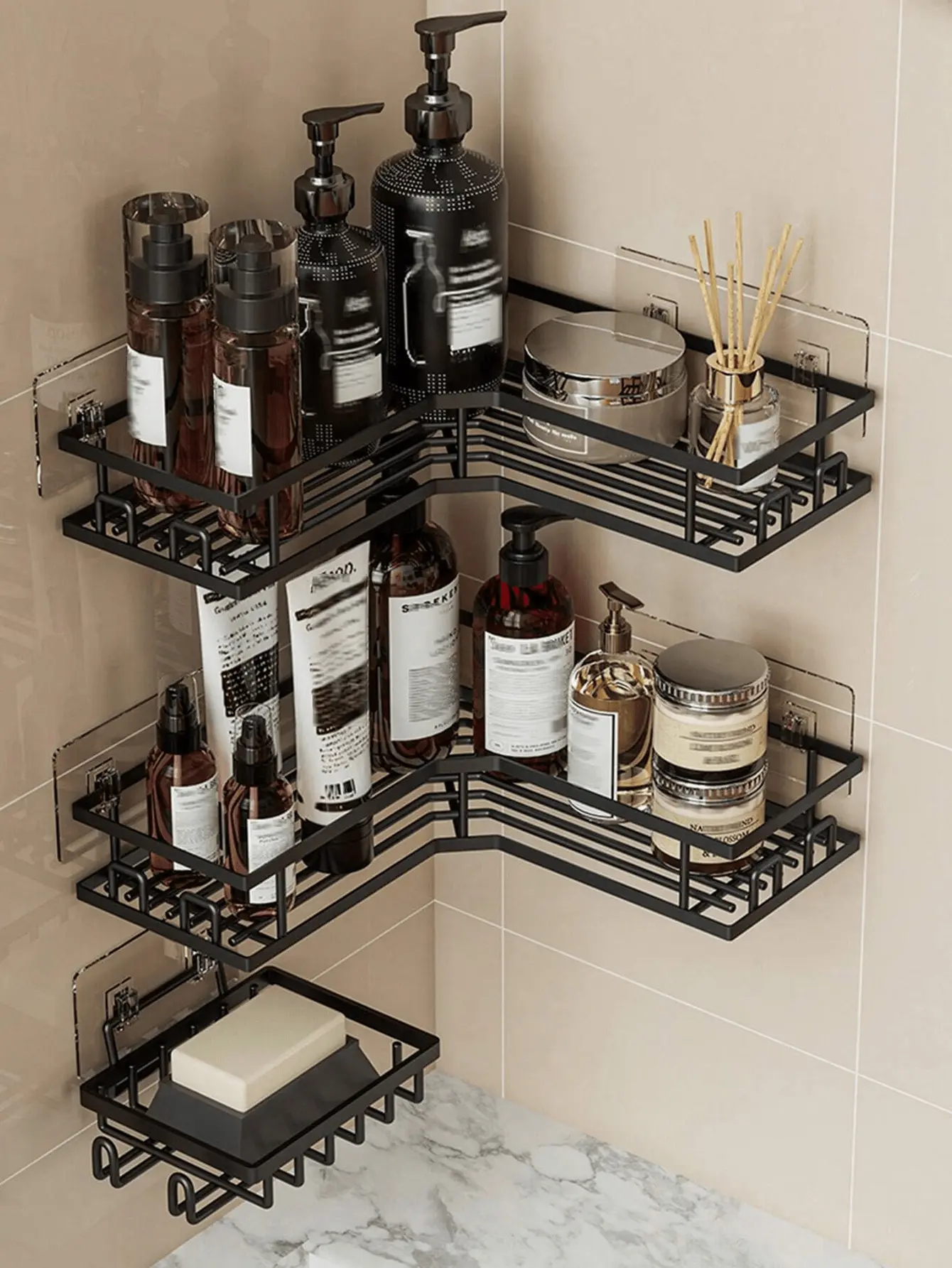 5-Piece Stainless Steel Shower Shelf Set, Rust-Resistant, Self-Adhesive (No Drilling Required), Easy to Install, Large Capacity, Ideal for Storing Shampoo, Body Wash, and Soap in Bathtubs and Shower Stalls / For Shower and Bathroom Storage