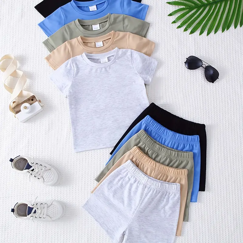 Boys' Casual Short Sleeve Top & Shorts Set, Summer Clothing Set, Crew Neck Set, Knit Set, Outfit Sets, Comfortable Plain Design, Ideal for Daily Play & Outings, Perfect Gift for Sons & Grandsons, Clothes Kids, Outfits Set