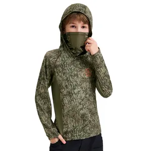 BASSDASH Youth UPF 50+ Camo Hunting Hoodie Shirt with Neck Gaiter Quick Dry Long Sleeve Hooded Tee for Fishing Hiking