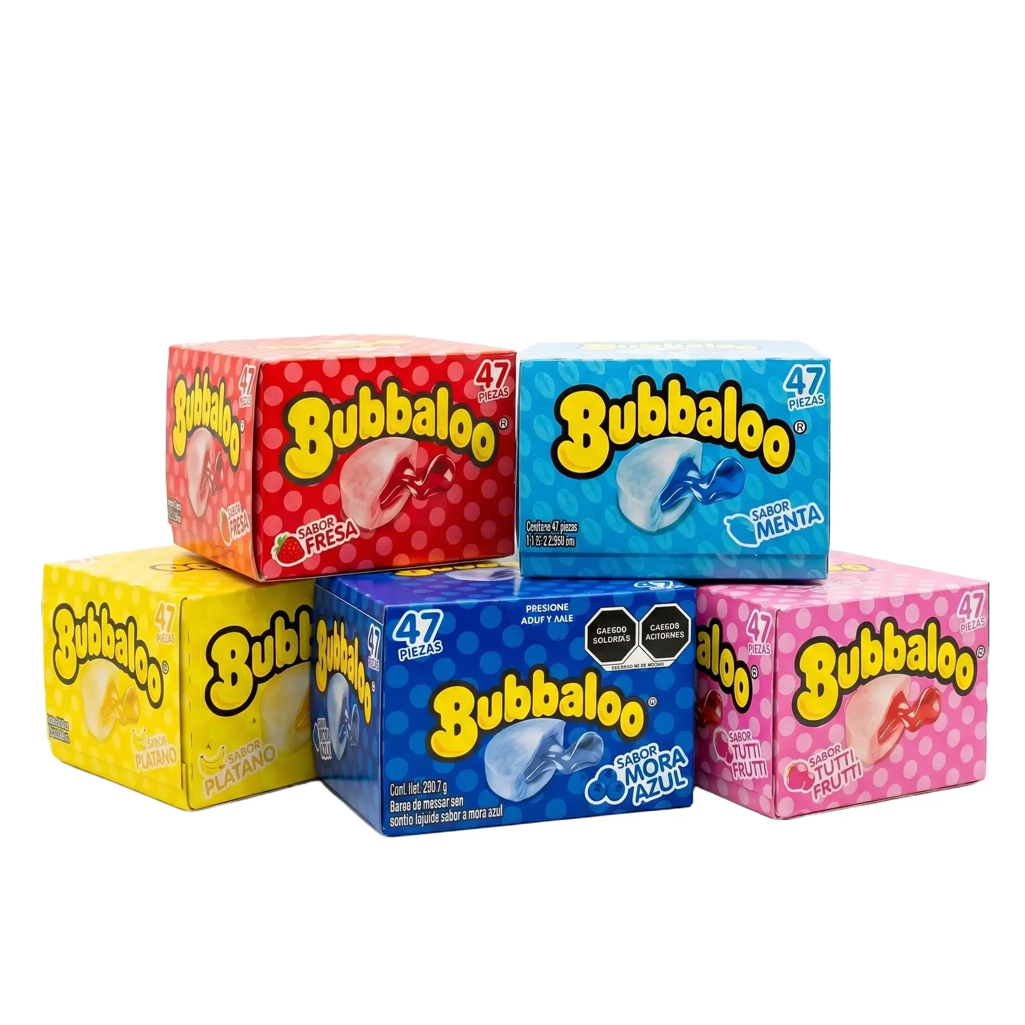 Bubbaloo Super-Soft Trans Fat-Free Low-Fat Liquid-Filled Bubble Gum, 47-Piece Bulk Box, Classic Latin Sweet Snack, 24-Month Shelf Life, 6 Flavorings (Banana, Strawberry, Blue Raspberry, Mint, Tutti-Frutti, Blueberry), Party Favor Candy