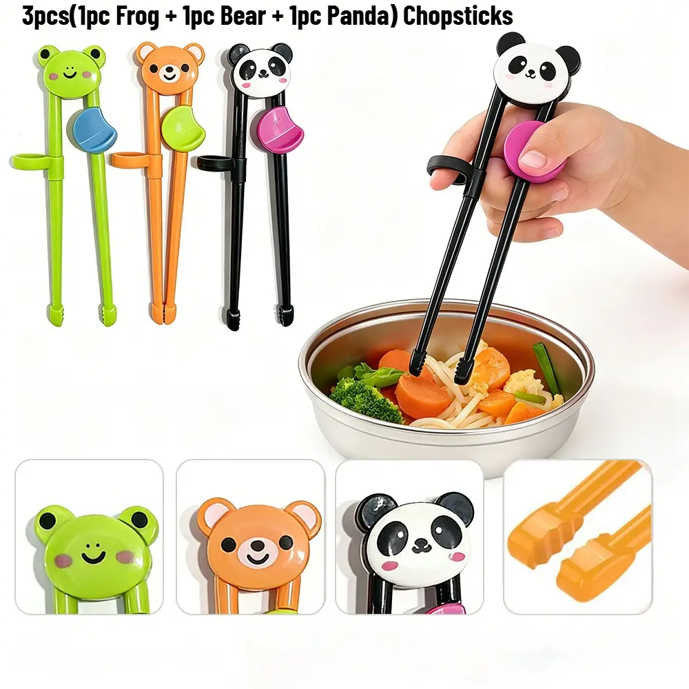 3pcs Cute Animal Training Chopsticks for Beginners, Children's Training Chopsticks, Self-Feeding Learning Chopstick with Helper Guide Rings, Easy Grip Design for Kids
