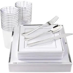 150-Piece Silverware Set - Complete Disposable Dinnerware Kit with Square Plates, Forks, Knives, Spoons, and Tumblers for Parties, Events, and Everyday Use - Durable, Reusable, and Easy to Clean