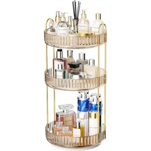 360° Rotating Makeup Organizer, 3 Tier Large Capacity Perfume Cosmetics Skincare Vanity Organizers,Bathroom Counter Organizer, Dresser Spinning Countertop Organizer and Storage for Women (Gold)