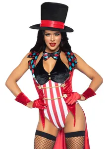 Leg Avenue Women's Sexy Nylon Satin Velvet Theatrical Circus Ringmaster Mistress Halloween Costume Set - Includes Halter Top, Bodysuit, Dress, Hat, Jacket, Fishnet Accessories, Theatrical Costume Sets