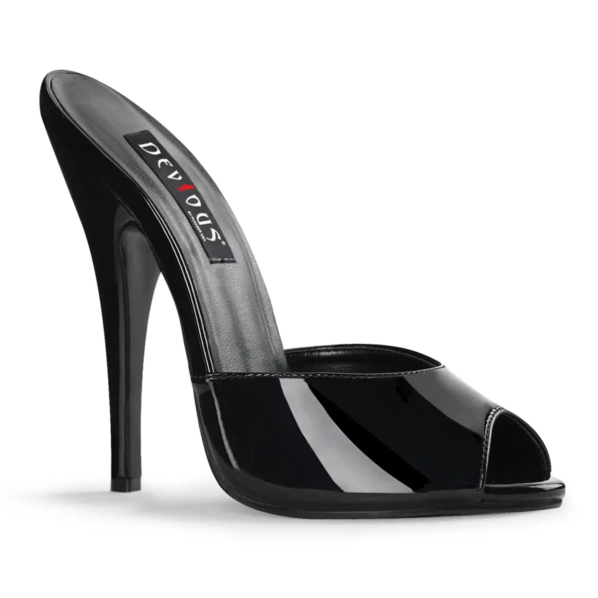 Women's Black Patent Leather Stiletto Mule Pumps, Peep Toe Slip-On High Heel Sandals with a 6-in Heel, Heels