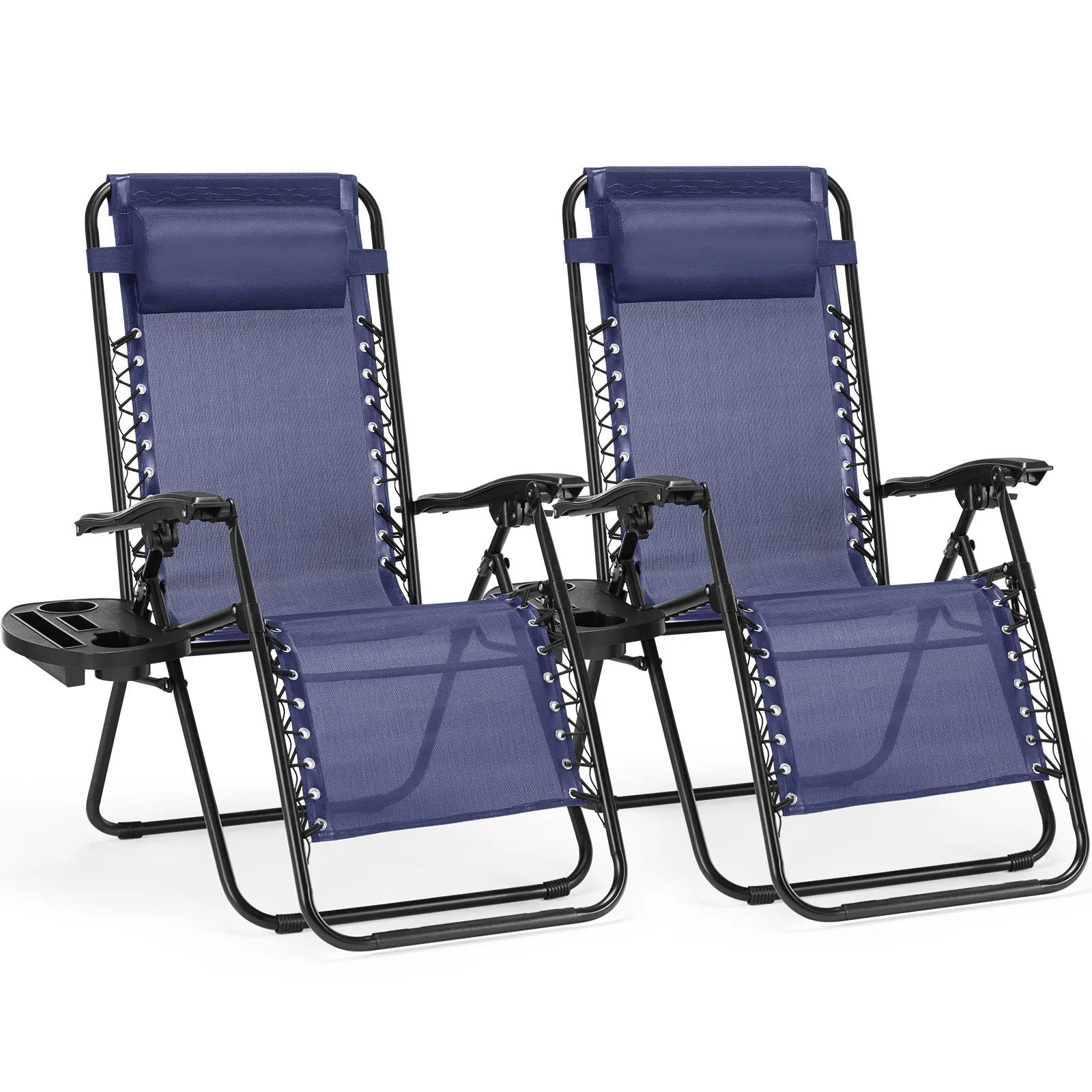Set of 2 Portable Recliner Beach Camping Patio Outdoor Folding Lounge Chair with Cup Holder Trays and Adjustable Pillow for Poolside, Garden, Backyard, Lawn