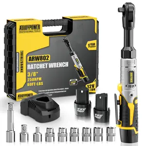 Cordless Electric Ratchet Wrench Set, 60Ft-lbs, 12V Extended Cordless Ratchet Wrench 3/8", 6 Sockets, 1/4" Adapter, Forward/Reverse Switch, 2 Batteries, 1/2" Adapter