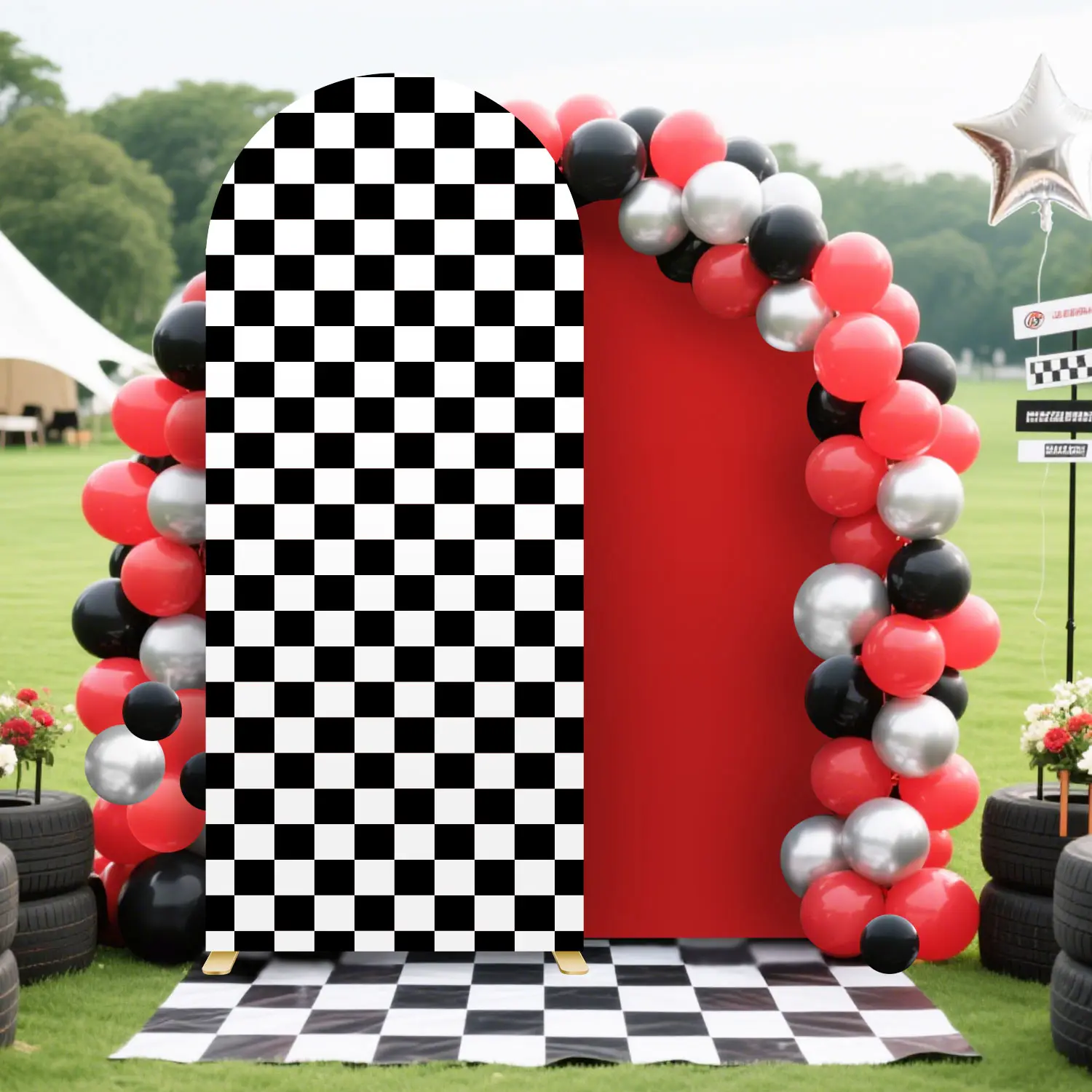 6FT Spandex Fitted Circle Arch Backdrop Cover - Double-Sided Geometric Checkered Polyester, Kid Boys' Monster Truck Party Decor with Wall Decor Banner & Wedding Supplies, Easy to Clean (Black & White)