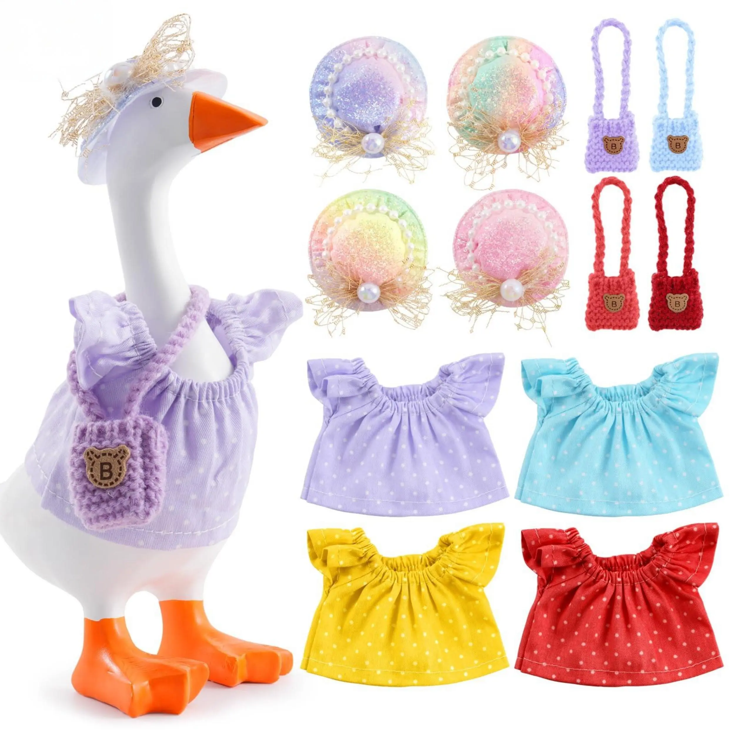 7 Inch Mini Goose Outfit Set - 4 Pcs Polka Dot Dresses & 4 Pcs Hat & Handbag Accessories | Cute Fashion Outfits for Desk Goose Statue (Goose Not Included)