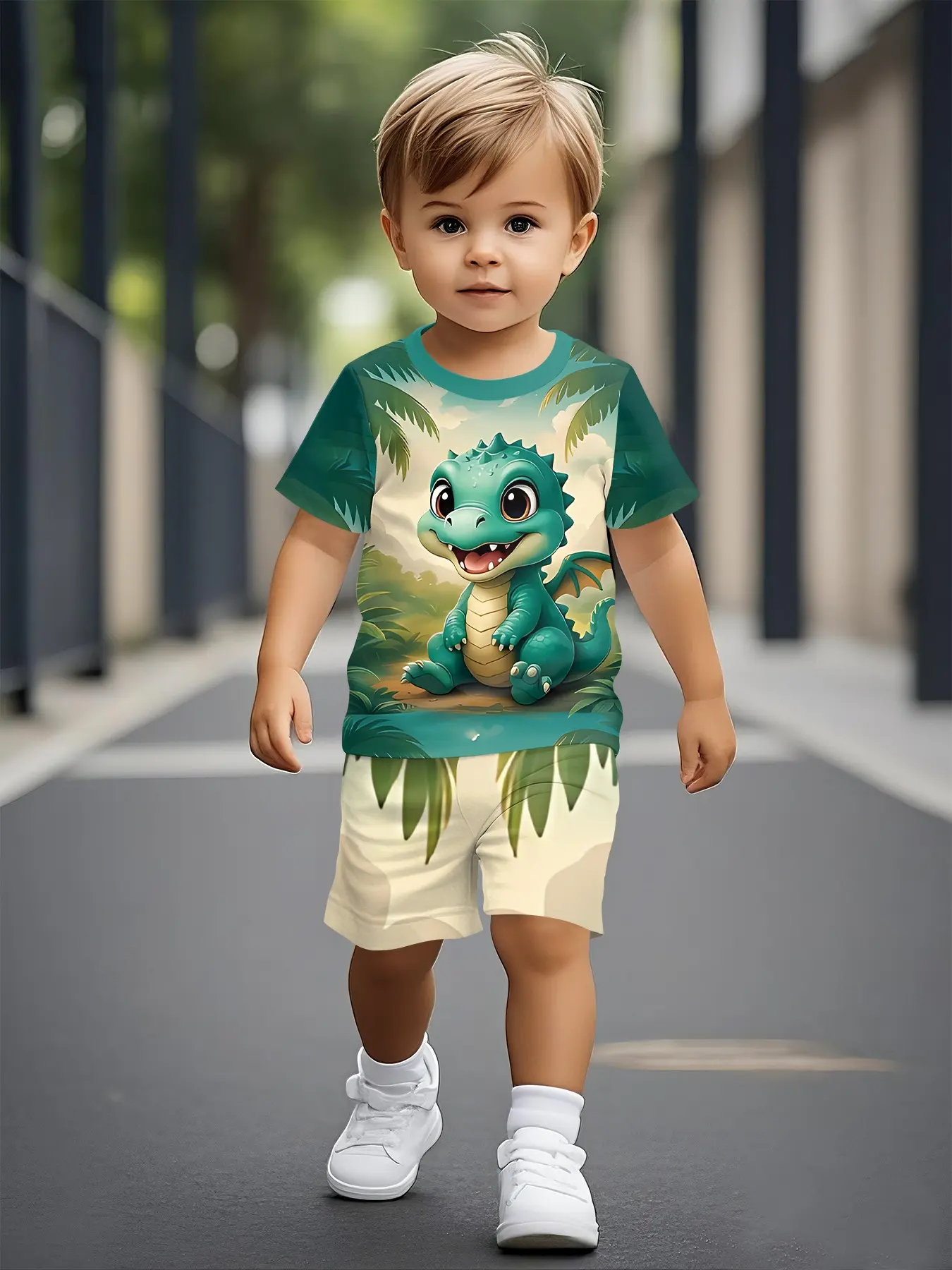 Cute little dinosaur jungle printed baby boy short-sleeve set, casual kids' clothing for infants, T-shirts suitable for daily wear and outdoor activities, an ideal gift for baby boys, Baby Boy Clothes!