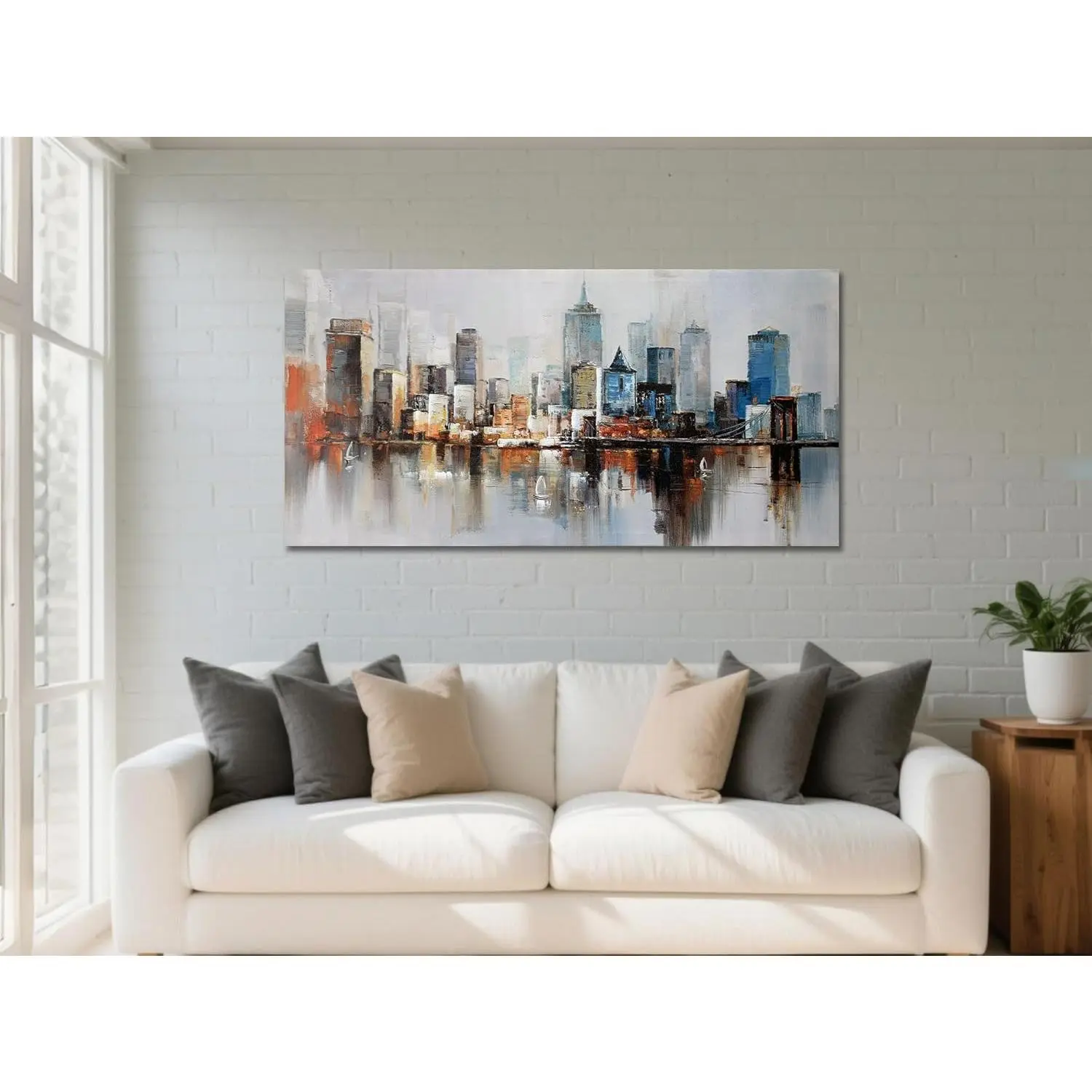 Aynor Brooklyn Bridge mural art - Modern New York City abstract canvas - City landscape painting - Large-sized framed work - Vibrant New York City skyline - Textured image - Suitable for wall decoration in living room, bedroom, and home office