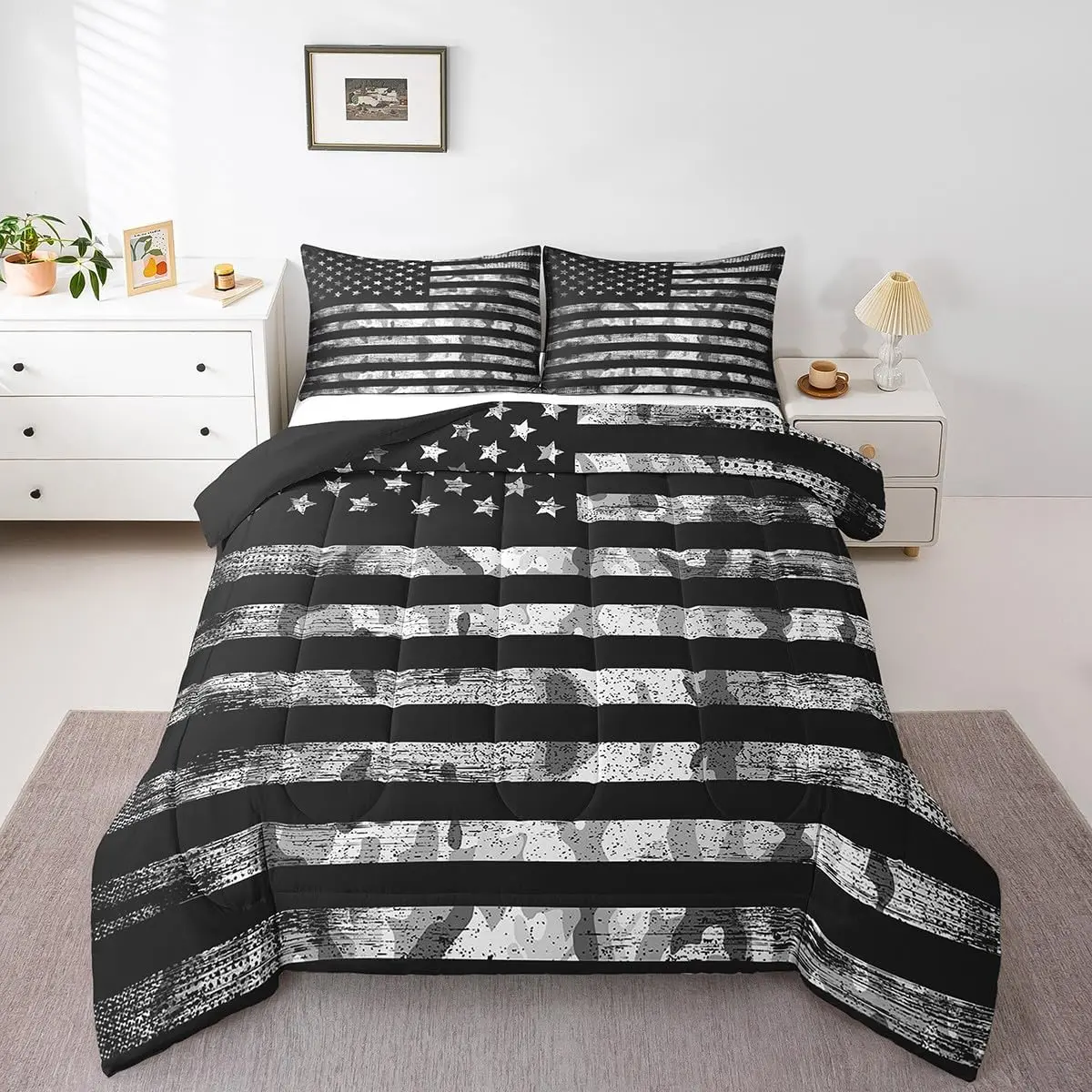 Feelyou Queen Comfy Bedding Set - Lightweight Microfiber Duvet Insert, Decorative Household Bed Set with Black Gray Camo, Geometric US Flag Stripes & Stars Military Army Design, Comfy Bedding Sets