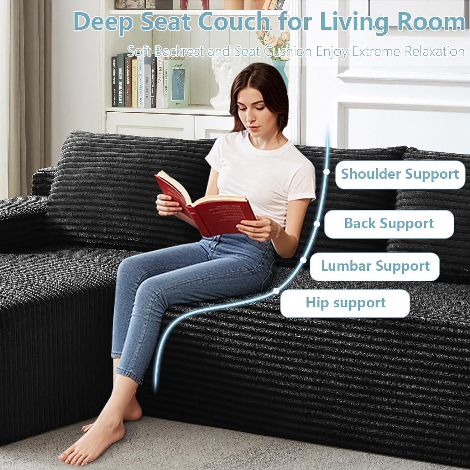 96" Cloud Couch Sofa, Sectional Sofa Couches for Living Room, Black Corduroy L-Shape Upholstered Boneless Couchs Modern Modular Sectional Couch with Chaise Lounge and Toss Pillow, No Assembly Required 96" Cloud Couch Sofa, Sectional Sofa Couches for Living Room, Black Corduroy L-Shape Upholstered Boneless Couchs Modern Modular Sectional Couch with Chaise Lounge and Toss Pillow, No Assembly Required