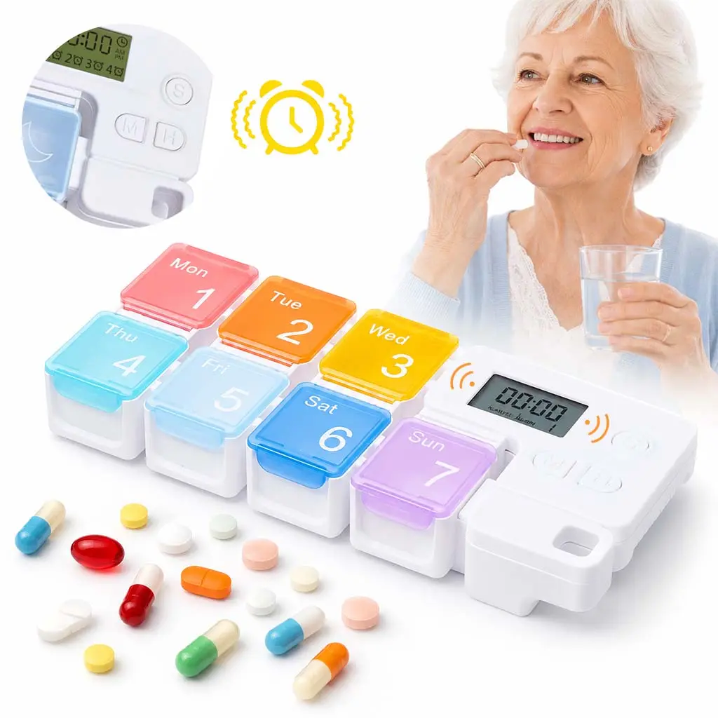 Weekly 7-Day Pill Organizer with Alarm Reminder, Color-Coded Compartments Large LCD Screen, 4 Daily Alarms Memory Function, Portable Case for Vitamins, Supplements, Elderly & Travel Use