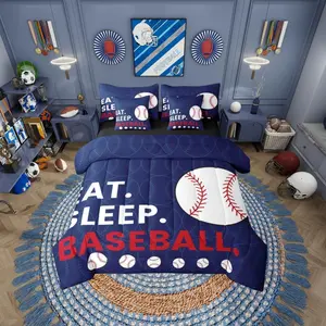Feelyou 7-Piece Baseball Theme Soft Breathable Bedding Set for Boys, Navy Blue-White-Red Cloth Set with Quilt Cover & Soft Comfy Blanket, Multi-Size Bedroom Bedding