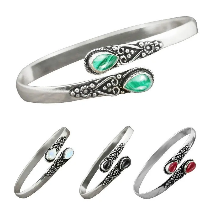 Vintage Braided Cuff Bracelet with Green Agate Inlaid Stone, Unisex Zinc Alloy Statement Jewelry, Agate Chalcedony, Agate Crystal Bracelets & Bangles
