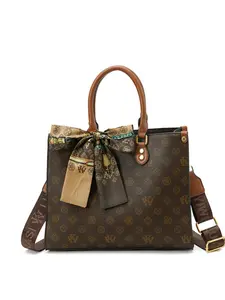 1 Pcs Vintage Original Monogram Large Capacity Tote Bag, Luxury Retro Style with Scarf Decor, Top Handle & Adjustable Crossbody Strap, Gold Hardware Handbag for Women Commute Work Travel