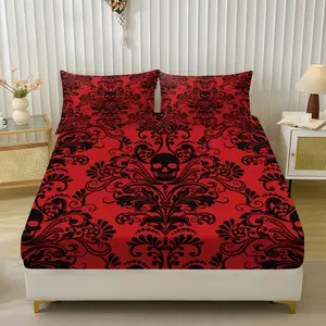 3pc Skull Pattern Printed fitted sheet Set, including 1 fitted sheet and 2 pillowcases. Available in multiple sizes. Suitable as a holiday gift for friends. Suitable for bedrooms, guest rooms, dormitories, and hotels.