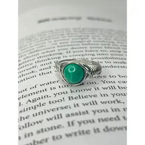 Malachite Stainless Steel Wire Ring - Handmade Green Protection Stone Ring for Openness Transformation Love Nature Protection Fearless Cleansing