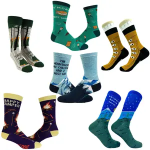 Mens Funny Camping Socks With Awesome Graphics Hiking Socks for Men Funny Graphic Socks Comfortable Fitted Spandex Cotton