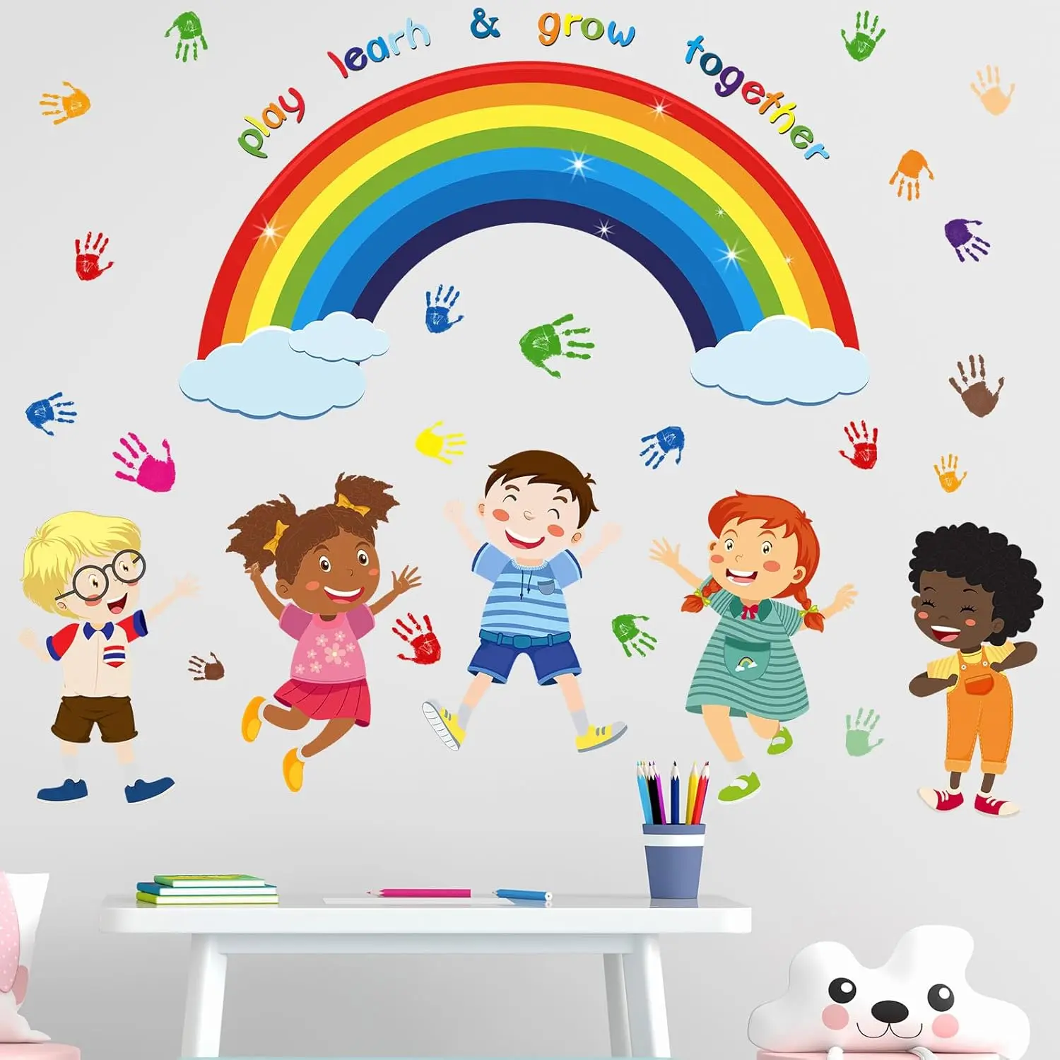 P-WPA08    Play Learn & Grow Together Wall Stickers - Inspirational Quotes Rainbow Wall Decals - Baby Nursery Kids Room Daycare Playroom Classroom Wall Decor Decoration Decorative