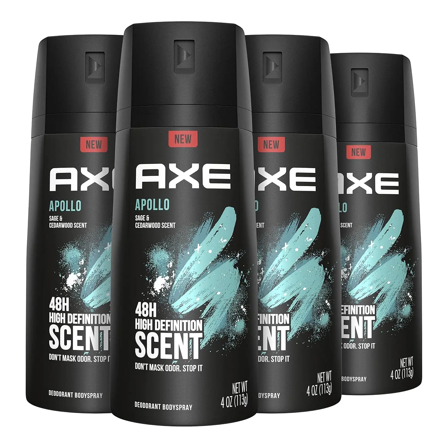 AXE Apollo Aerosol Body Spray Deodorant for Men - 4-Count 4oz Aluminum-Free, Long-Lasting Odor Protection, Sage & Cedarwood Scent, Daily Body Care Fragrance, Fresh