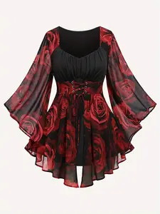 Plus Size Halloween Themed Rose Patchwork Floral Print Asymmetrical Hem Lace Up Chiffon Top, Elegant Chic Ruched Flounce Sleeve Top for Vacation Holiday Party, Women's Plus Clothing for Fall