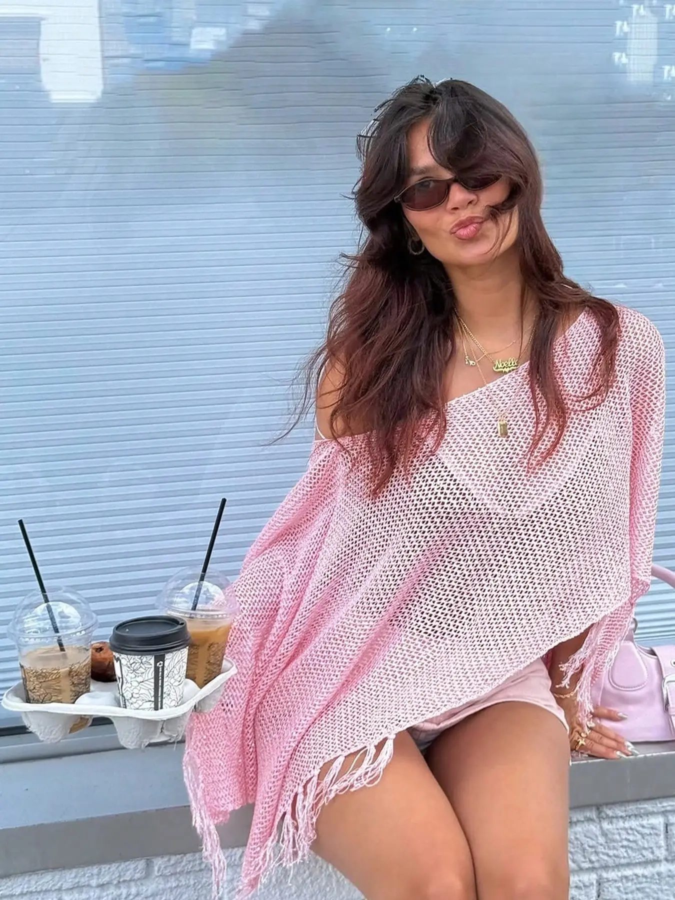 Women's Hollow Knit Cape, Asymmetrical Fringe Hem Pullover, Sexy Transparent Mesh Beach Cover-Up, Bohemian Batwing Sleeve Top, Swimwear Cover Up, Swimsuit Cover Up, Sheer Cover Up, Beachwear Cover Up, Swimsuit Coverups