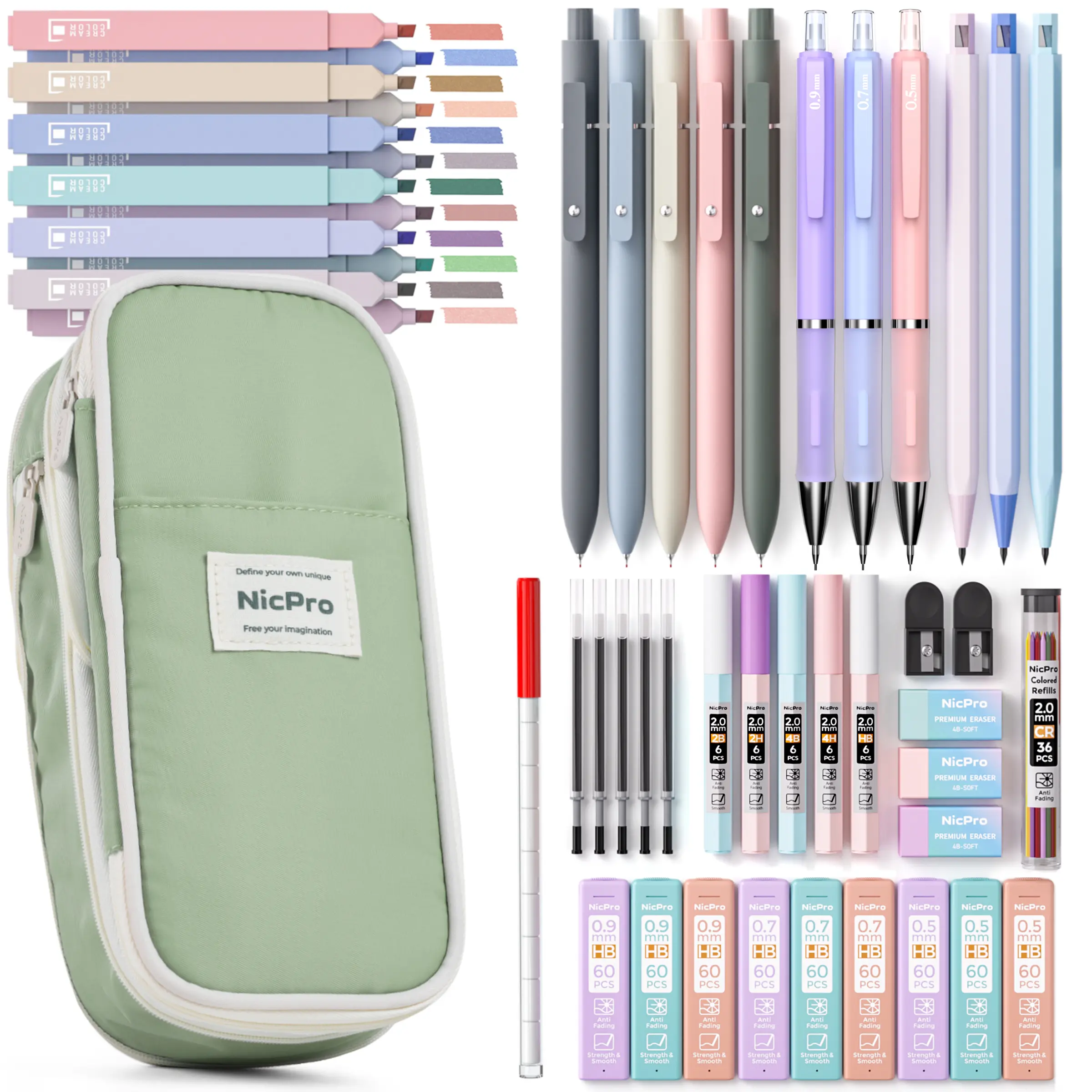 Nicpro Aesthetic School Supplies with Pencil Case,  Dry Black Ink Pens, 12 Pastel Highlighters, 6 Mechanical Pencil 0.5, 0.7, 0.9 & 2.0 mm for Students Stationary College Essentials, Back To School Shopping, School Supplies Haul