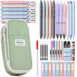 Nicpro Aesthetic School Supplies with Pencil Case,  Dry Black Ink Pens, 12 Pastel Highlighters, 6 Mechanical Pencil 0.5, 0.7, 0.9 & 2.0 mm for Students Stationary College Essentials