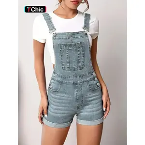 Women's Solid Color Button Fly Denim Overalls, Casual Chic Comfy Skinny Overalls for Daily Wear, Ladies Clothes for SummerRAIMENTRY