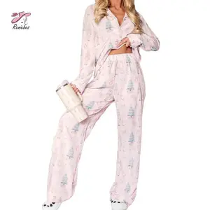 Women Christmas Pajamas Lounge Set Santa Christmas Tree Print Long Sleeve Tops and Pants 2 Piece Loungewear Outfits