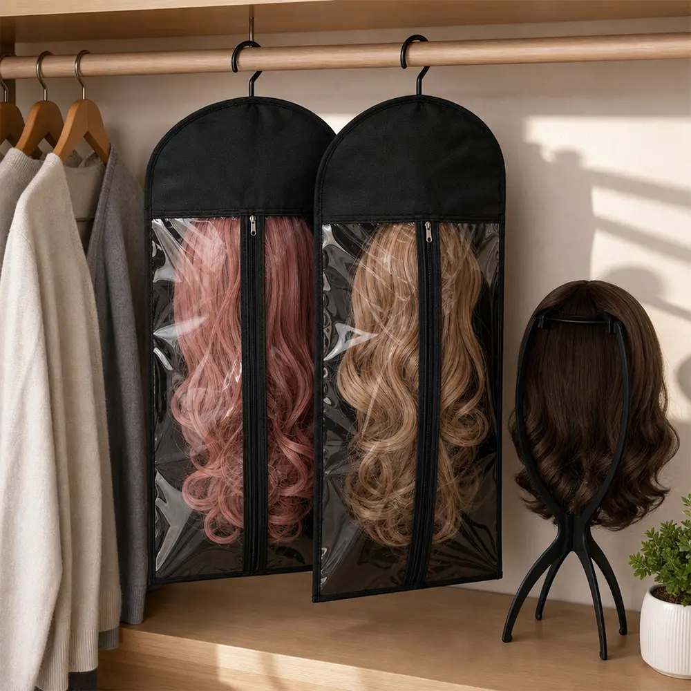 1 Set Wig Organizer Kit – 2 Dustproof Bags + 2 Wig Stands, Portable Storage Case for Wigs, Fits Long/Short Wigs, Travel & Home Use