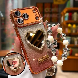Heart Mirror Glitter Case for IP17 Pro Max with Lens Protector Rhinestone Frame Full Coverage Shockproof Hand Strap Compatible with IP16/15/14/13 Pro Max