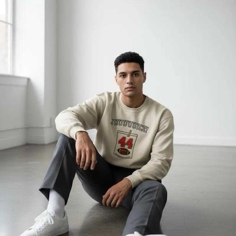 49ers "JUUUUUICE!" Embroidered Sweatshirt Kyle Juszczyk #44 Inspired Cream Cotton Football Fanwear Pullover Long Sleeve Tops Crewneck Casual Womenswear Ivory Fitted Streetwear Soft Graphic