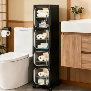 Black White Slim Storage Cabinet 360 Degree Swivel Wheels Stackable Multi Layers Gold Handle Strong Load Bearing Small Footprint Large Capacity Gap Shelf