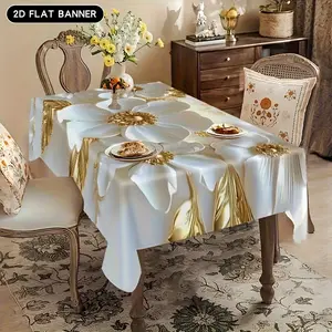 2D Flat Printed 1 Piece Elegant Gold and White Floral Tablecloth   Luxury Polyester Rectangular Design   Ideal for Dining Tables, Conference Tables, Home Decor Indoors and Outdoors   Perfect Match for Weddings, Birthdays, Picnics, and Holiday Parties