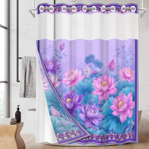 1pc 2D Flat Printing hookless shower curtain hanger liner Purple and Pink Lotus Flowers Picture Fabric waterproof lining shower curtain with transparent window, double-layer shower curtain, 71 x 74 inches, modern home curtain decoration